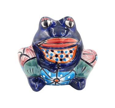 Mexican Talavera Small Squatting Frog Planter Pot Hand Painted - Dark Blue Frog